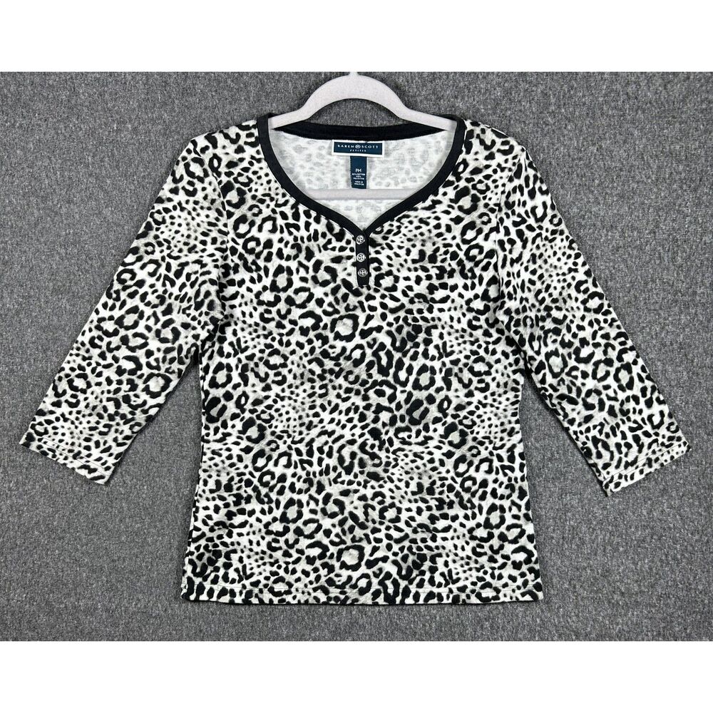 Karen Scott Petite Leopard Print 3/4 Sleeve Henley Top - Size PM
